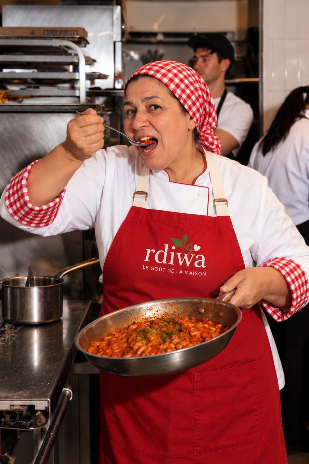 L’Hajja, en tablier rdiwa, goûte la sauce à la cuillère, une poêle de haricots à la tomate dans l’autre main.